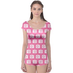 Pink Modern Chic Vector Camera Illustration Pattern Short Sleeve Leotard by GardenOfOphir