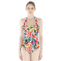 Seamless Autumn Leaves Pattern  Women s Halter One Piece Swimsuit