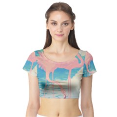 Two Pink Flamingos Pop Art Short Sleeve Crop Top (tight Fit) by WaltCurleeArt
