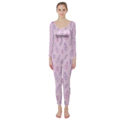 Whimsical Feather Pattern, Pink & Purple, Long Sleeve Catsuit by Zandiepants