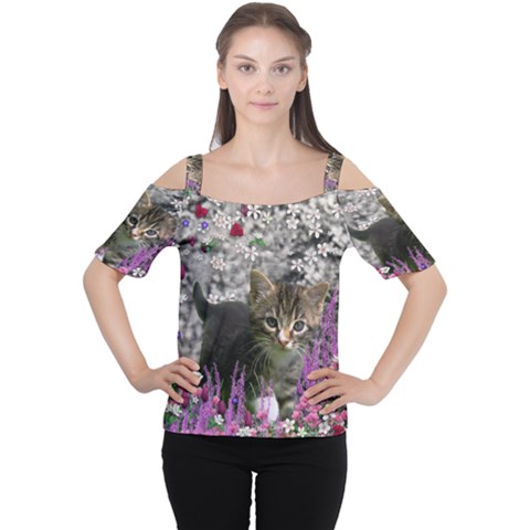 Emma In Flowers I, Little Gray Tabby Kitty Cat Women s Cutout Shoulder Tee by DianeClancy
