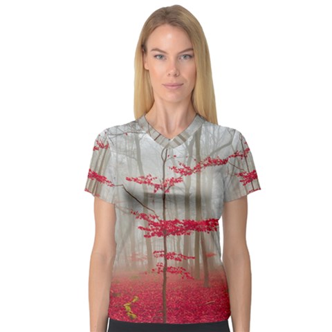 Magic Forest In Red And White Women s V-neck Sport Mesh Tee by wsfcow