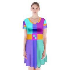 Right Angle Squares Stripes Cross Colored Short Sleeve V-neck Flare Dress by EDDArt