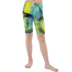 Light Blue Yellow Abstract Fractal Kids  Mid Length Swim Shorts by designworld65