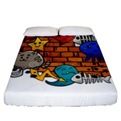 Graffiti Characters Flat Color Concept Cartoon Animals Fruit Abstract Around Brick Wall Vector Illus Fitted Sheet (queen Size)