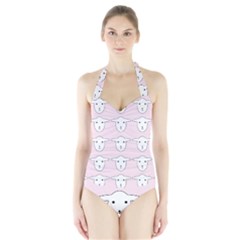 Sheep Wallpaper Pattern Pink Halter Swimsuit by Amaryn4rt