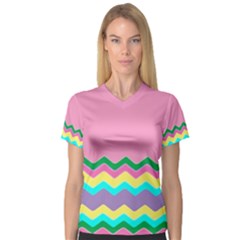 Easter Chevron Pattern Stripes Women s V-neck Sport Mesh Tee