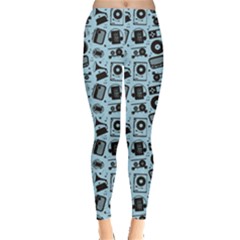 Blue Black Radio Cd Player Music Pattern Leggings by CoolDesigns