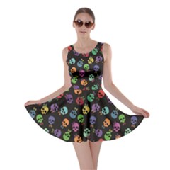 Black Pattern Of Funny Cartoon Colorful Skulls On A Black Skater Dress