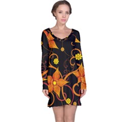 Star Leaf Orange Gold Red Black Flower Floral Long Sleeve Nightdress by Mariart