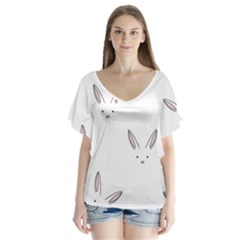 Bunny Line Rabbit Face Animals White Pink Flutter Sleeve Top by Mariart