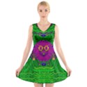 Summer Flower Girl With Pandas Dancing In The Green V-Neck Sleeveless Skater Dress View1