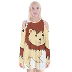 Happy Cartoon Baby Lion Velvet Long Sleeve Shoulder Cutout Dress by Catifornia