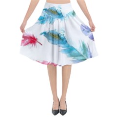 Watercolor Feather Background Flared Midi Skirt by LimeGreenFlamingo