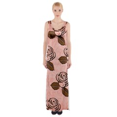 Chocolate Background Floral Pattern Maxi Thigh Split Dress by Nexatart
