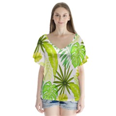 Amazon Forest Natural Green Yellow Leaf V-neck Flutter Sleeve Top by Mariart