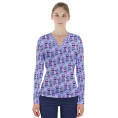 Pattern Kitty Headphones  V-neck Long Sleeve Top