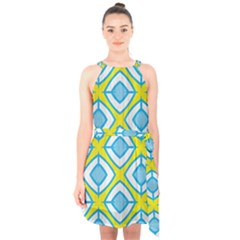Blue Rhombus Pattern                         Halter Collar Waist Tie Chiffon Dress by LalyLauraFLM