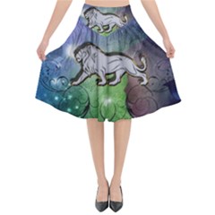 Wonderful Lion Silhouette On Dark Colorful Background Flared Midi Skirt by FantasyWorld7