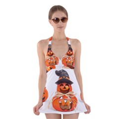 Funny Halloween Pumpkins Halter Dress Swimsuit  by gothicandhalloweenstore