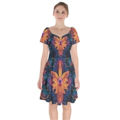 Beautiful Fiery Orange & Blue Fractal Orchid Flower Short Sleeve Bardot Dress by jayaprime