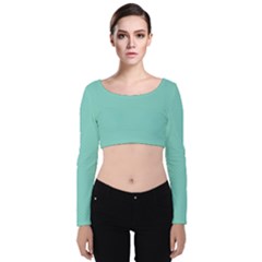 Tiffany Aqua Blue Puffy Quilted Pattern Velvet Long Sleeve Crop Top by PodArtist