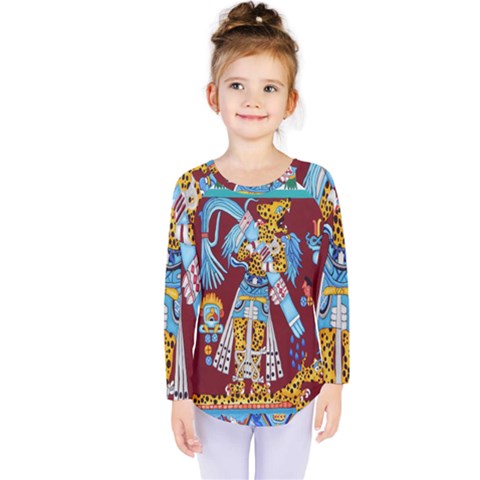 Mexico Puebla Mural Ethnic Aztec Kids  Long Sleeve Tee by Celenk