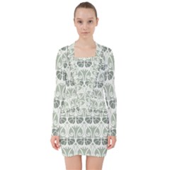 Teal Beige V-neck Bodycon Long Sleeve Dress by NouveauDesign