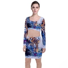Tiger Drink Animal Art Abstract Long Sleeve Crop Top & Bodycon Skirt Set by Celenk