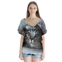 Cat Pet Art Abstract Vintage V-neck Flutter Sleeve Top
