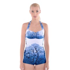 Nature Inspiration Trees Blue Boyleg Halter Swimsuit  by Celenk