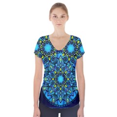 Mandala Blue Abstract Circle Short Sleeve Front Detail Top by Nexatart
