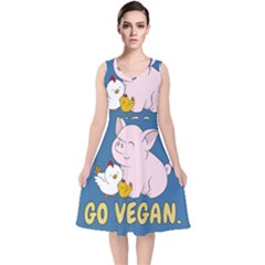 Go Vegan - Cute Pig And Chicken V-neck Midi Sleeveless Dress  by Valentinaart