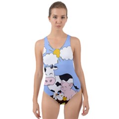 Friends Not Food - Cute Cow, Pig And Chicken Cut-out Back One Piece Swimsuit by Valentinaart