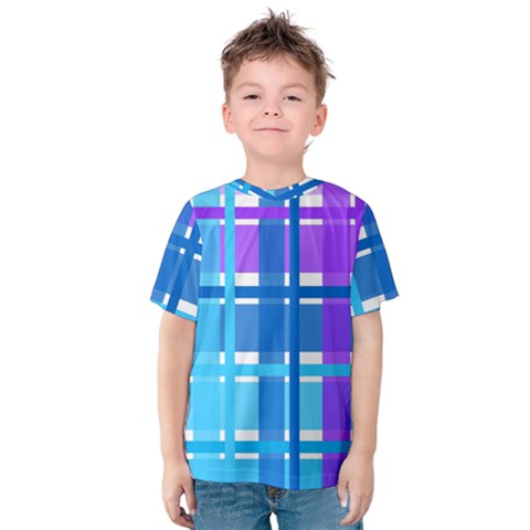 Gingham Pattern Blue Purple Shades Kids  Cotton Tee by Sapixe