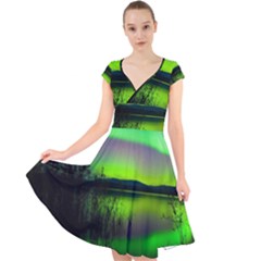 Green Northern Lights Canada Cap Sleeve Front Wrap Midi Dress