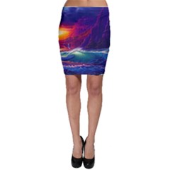 Sunset Orange Sky Dark Cloud Sea Waves Of The Sea, Rocky Mountains Art Bodycon Skirt