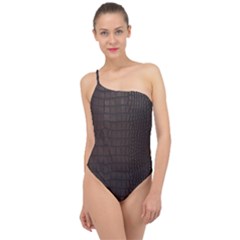 Gator Brown Leather Print Classic One Shoulder Swimsuit by LoolyElzayat