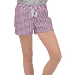 Usa Flag Red And Flag Blue Narrow Thin Stripes  Women s Velour Lounge Shorts by PodArtist