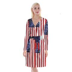 American Usa Flag Vertical Long Sleeve Velvet Front Wrap Dress