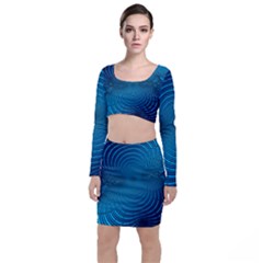 Blue Background Brush Particles Wave Long Sleeve Crop Top & Bodycon Skirt Set