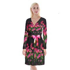 Pink Tulips Dark Background Long Sleeve Velvet Front Wrap Dress
