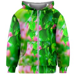 Green Birch Leaves, Pink Flowers Kids Zipper Hoodie Without Drawstring by FunnyCow