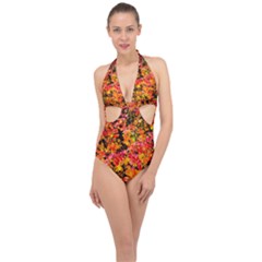 Orange, Yellow Cotoneaster Leaves In Autumn Halter Front Plunge Swimsuit by FunnyCow