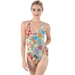 Hipster Triangles And Funny Cats Cut Pattern High Leg Strappy Swimsuit by EDDArt