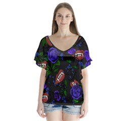 Blue Rose Vampire V-neck Flutter Sleeve Top by snowwhitegirl