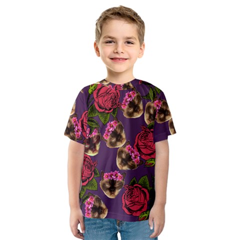 Lazy Cat Floral Pattern Purple Kids  Sport Mesh Tee by snowwhitegirl
