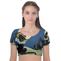 Black Cat 1462738 1920 Velvet Short Sleeve Crop Top 