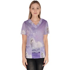 Cute Little Maltese, Soft Colors Women s V-neck Scrub Top by FantasyWorld7