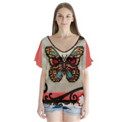 Cross Stitch Butterfly V-neck Flutter Sleeve Top by DeneWestUK